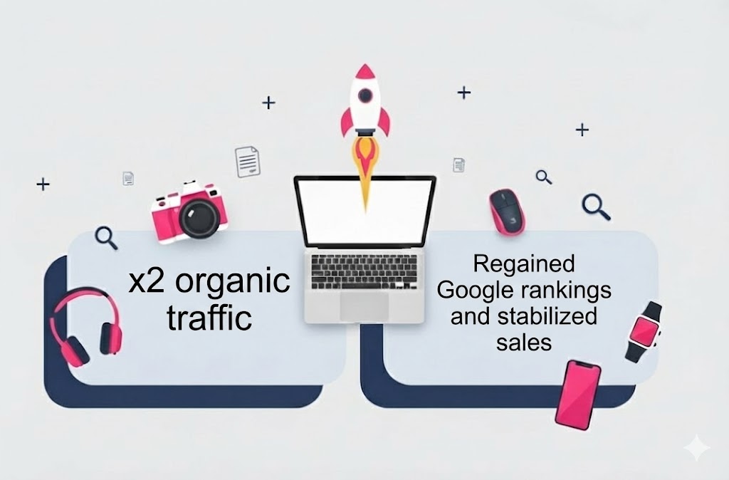 Growth of an online store’s organic traffic after SEO optimization, a technical audit, and improvements to the catalog structure.