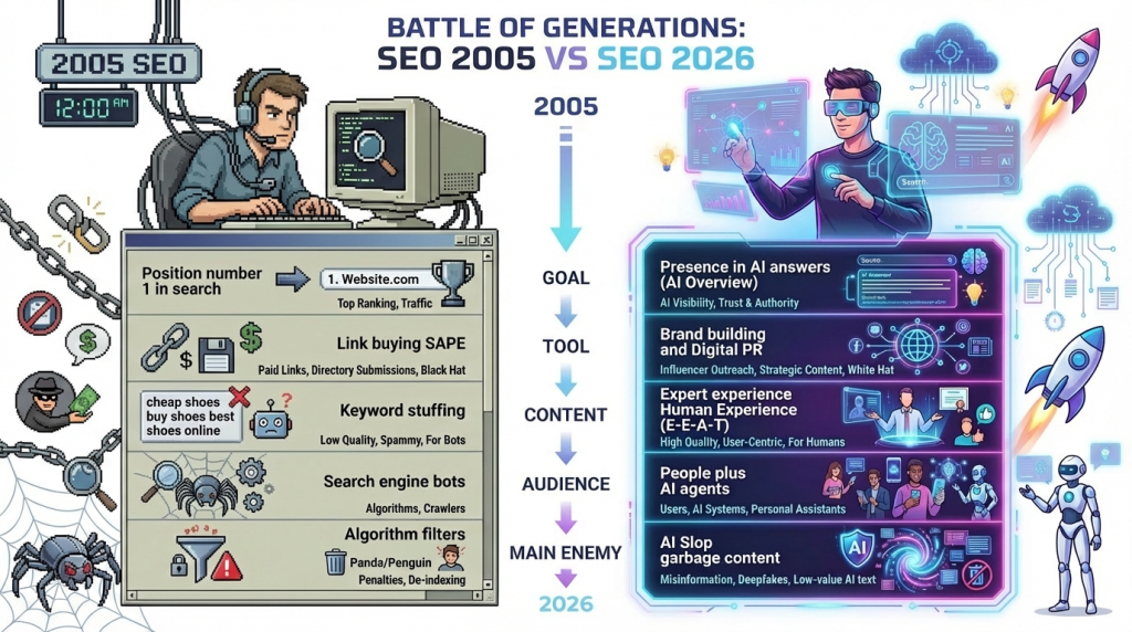 Infographic highlighting the history of SEO from 1995 to 2026 and the shift to AI-based search technologies.