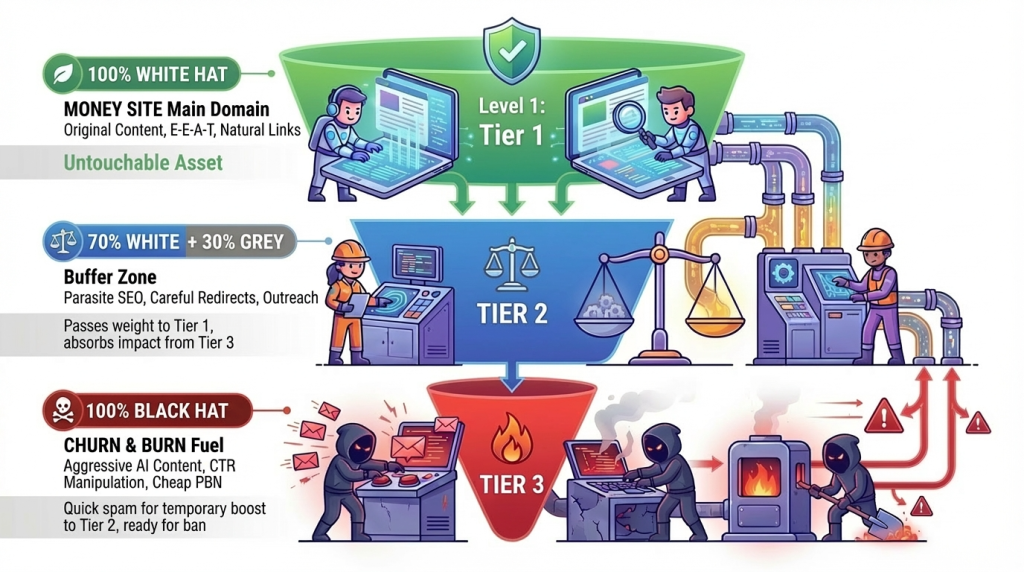 Tier SEO model with a main website and supporting backlink layers