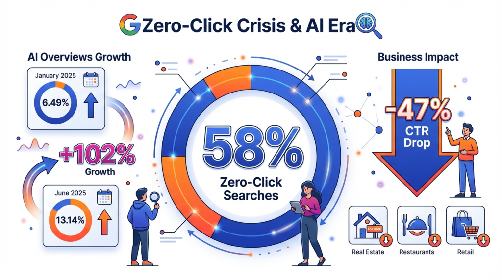 Zero-click crisis statistics — 58% of Google searches end without a website click